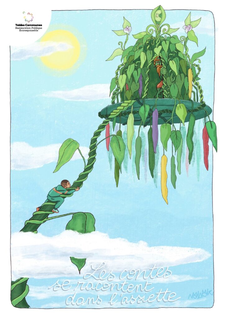 Affiche illustrée « Tables Communes — Les contes se racontent dans l'assiette » : un jeune garçon grimpe le long d'une immense tige de haricot magique s'élevant au-dessus des nuages vers une maison-cabane végétale, dans un ciel bleu, inspirée du conte Jack et le haricot magique.