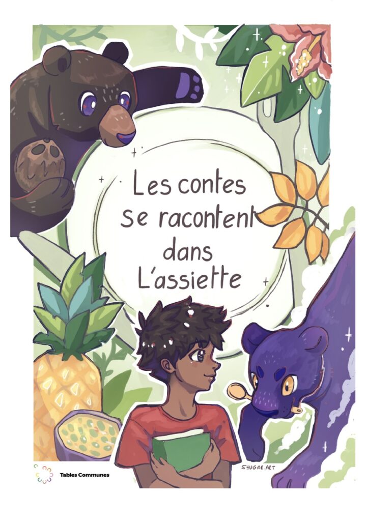 Affiche illustrée « Tables Communes — Les contes se racontent dans l'assiette » : un jeune garçon serrant un livre contre lui, entouré d'un ours brun, d'une panthère noire et d'un décor de jungle avec fruits tropicaux, dans l'univers du Livre de la jungle.